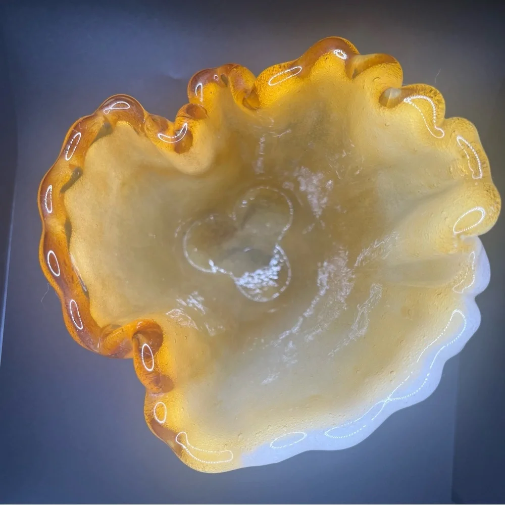 Vintage amber art glass vase handkerchief ruffle mid century murano style